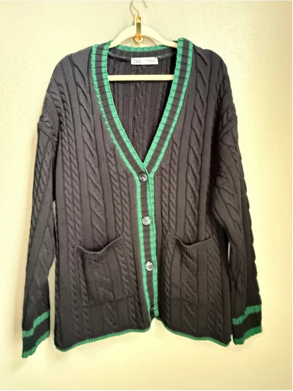 Women's ZARA Navy Green Cable Knit Cardigan L swiftie reputation sweater